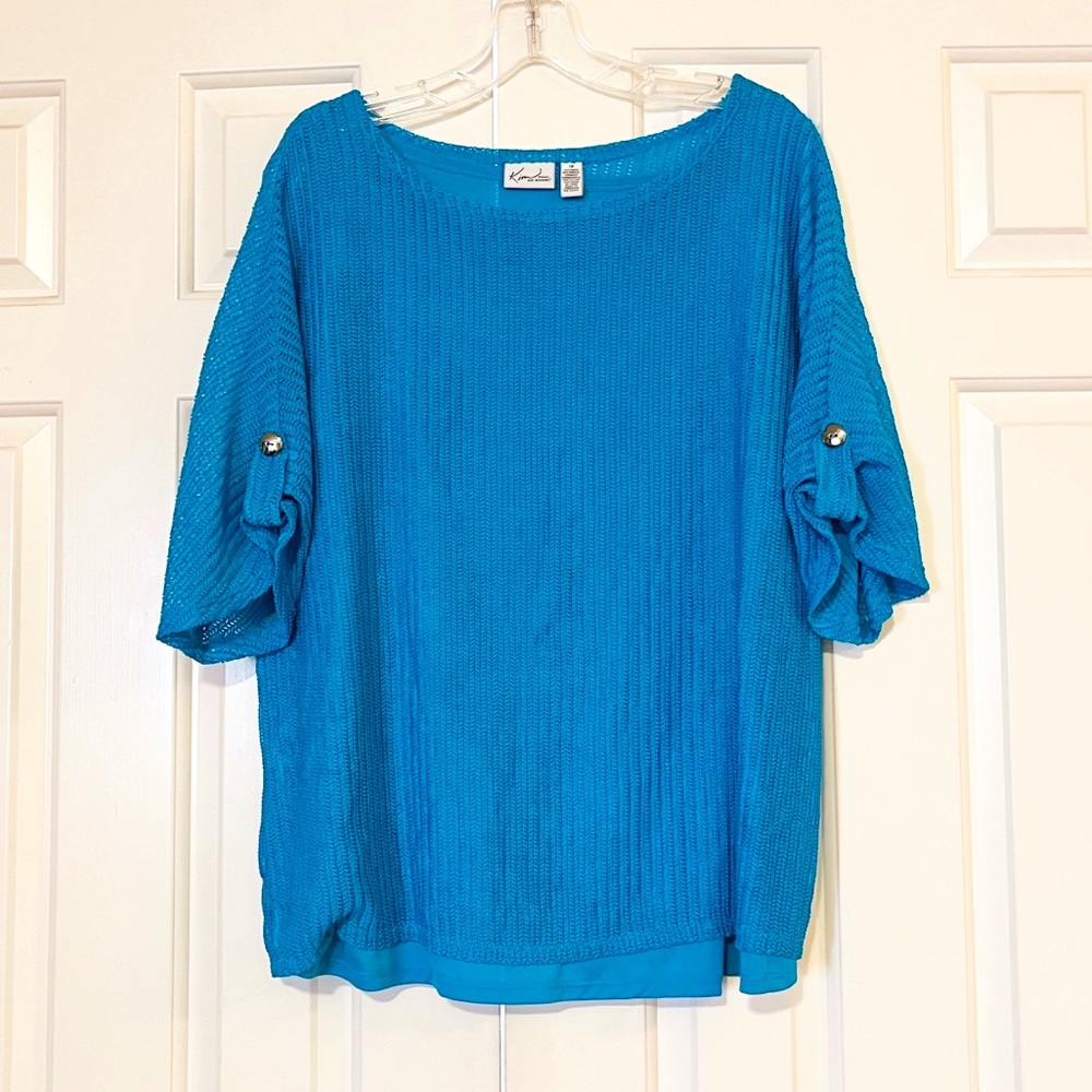Cerulean Blue Crocheted Sweater Lined Top with 1/2 Sleeves by Kim Rogers